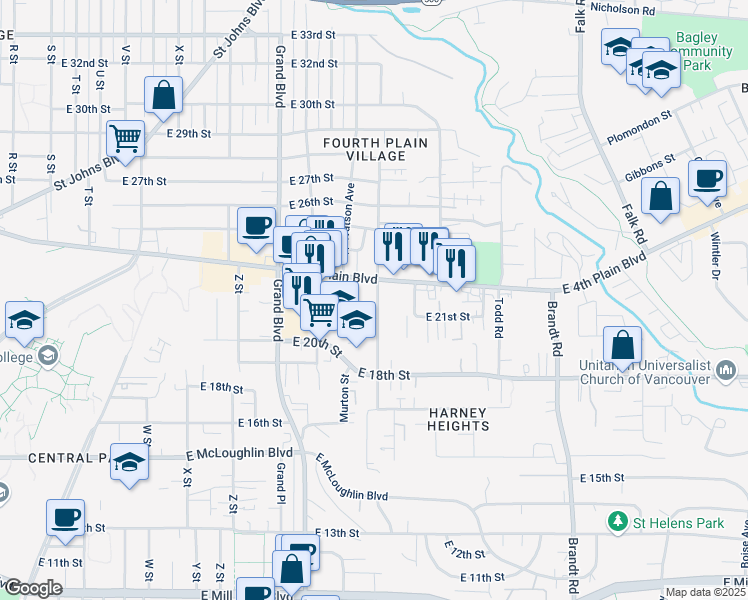 map of restaurants, bars, coffee shops, grocery stores, and more near 3201 East 4th Plain Boulevard in Vancouver