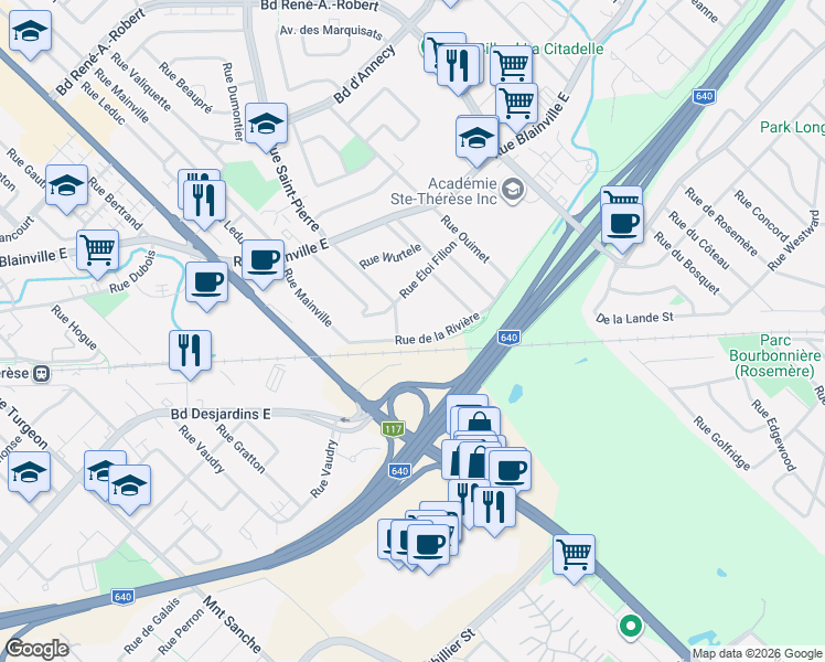 map of restaurants, bars, coffee shops, grocery stores, and more near 304 Rue de la Rivière in Sainte-Thã©Rã¨Se