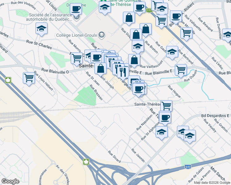 map of restaurants, bars, coffee shops, grocery stores, and more near 84 Rue Saint-Joseph in Sainte-Thérèse