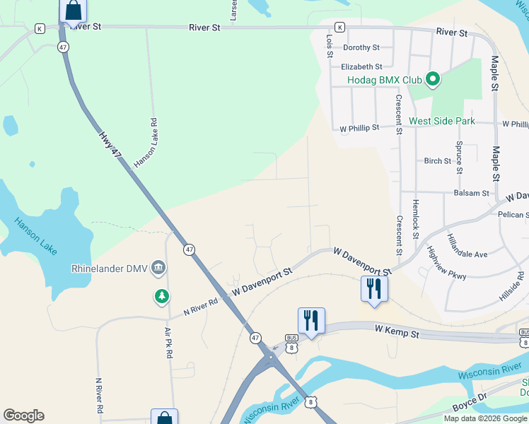 map of restaurants, bars, coffee shops, grocery stores, and more near 1615 West Wind Drive in Rhinelander