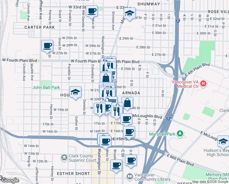 map of restaurants, bars, coffee shops, grocery stores, and more near 2031 Broadway Street in Vancouver