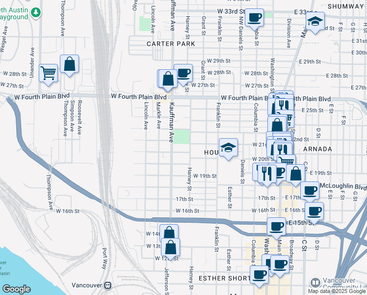 map of restaurants, bars, coffee shops, grocery stores, and more near 2117 Kauffman Avenue in Vancouver