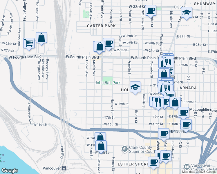 map of restaurants, bars, coffee shops, grocery stores, and more near 2117 Kauffman Avenue in Vancouver