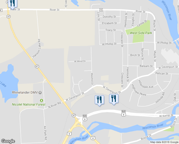 map of restaurants, bars, coffee shops, grocery stores, and more near 125 Westhill Drive in Rhinelander