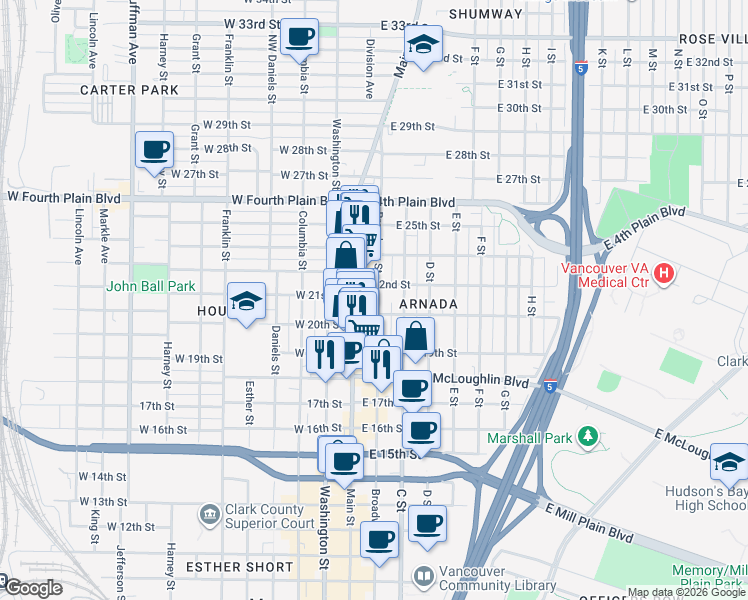 map of restaurants, bars, coffee shops, grocery stores, and more near 2031 Broadway Street in Vancouver