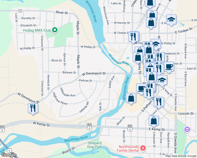 map of restaurants, bars, coffee shops, grocery stores, and more near 515 West Davenport Street in Rhinelander