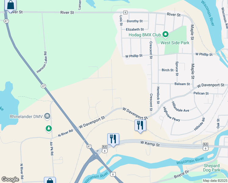 map of restaurants, bars, coffee shops, grocery stores, and more near 1610 Balsam Street in Rhinelander