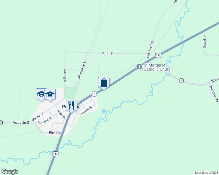 map of restaurants, bars, coffee shops, grocery stores, and more near n18760 U.S. 141 in Pembine