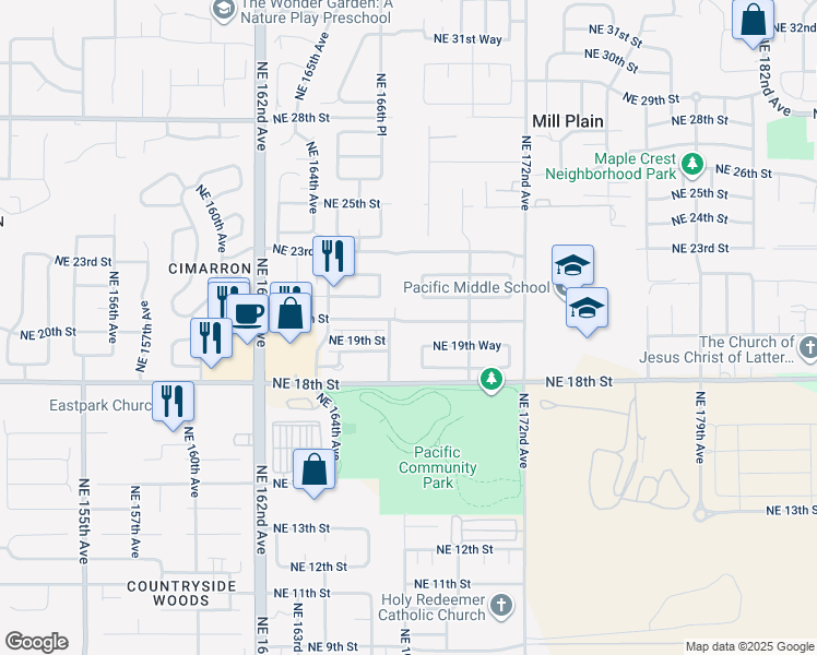 map of restaurants, bars, coffee shops, grocery stores, and more near 16707 Northeast 20th Street in Vancouver