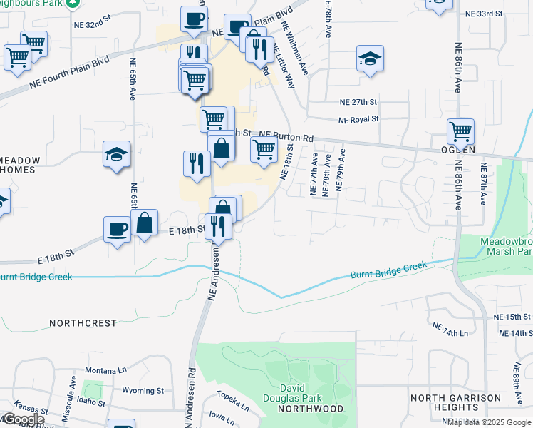 map of restaurants, bars, coffee shops, grocery stores, and more near 7401 Northeast 18th Street in Vancouver