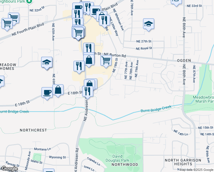 map of restaurants, bars, coffee shops, grocery stores, and more near 7401 Northeast 18th Street in Vancouver