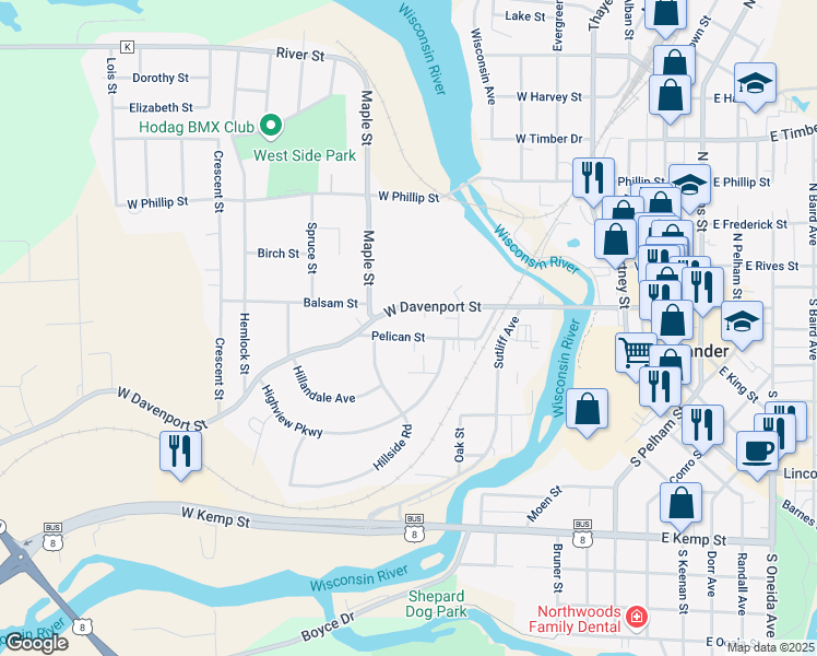 map of restaurants, bars, coffee shops, grocery stores, and more near 645 West Davenport Street in Rhinelander