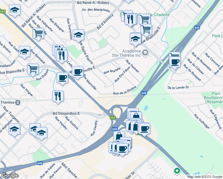 map of restaurants, bars, coffee shops, grocery stores, and more near 57 Rue Saint-Joseph in Sainte-Thérèse