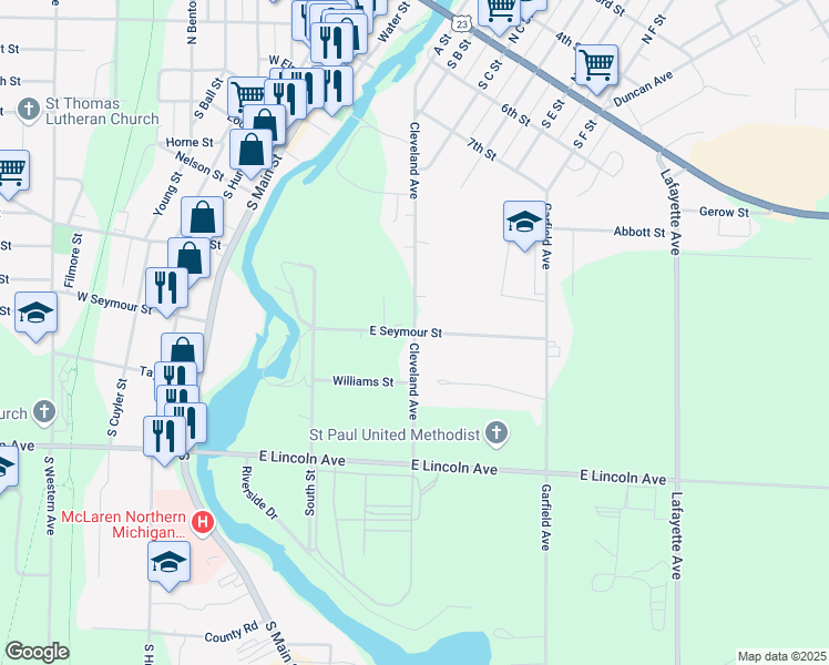 map of restaurants, bars, coffee shops, grocery stores, and more near Cleveland Avenue in Cheboygan