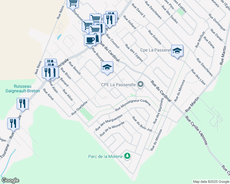 map of restaurants, bars, coffee shops, grocery stores, and more near 243 Rue Béatrice in Saint-Amable