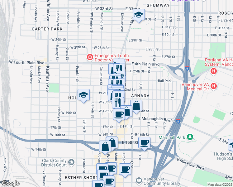 map of restaurants, bars, coffee shops, grocery stores, and more near 107 West 21st Street in Vancouver