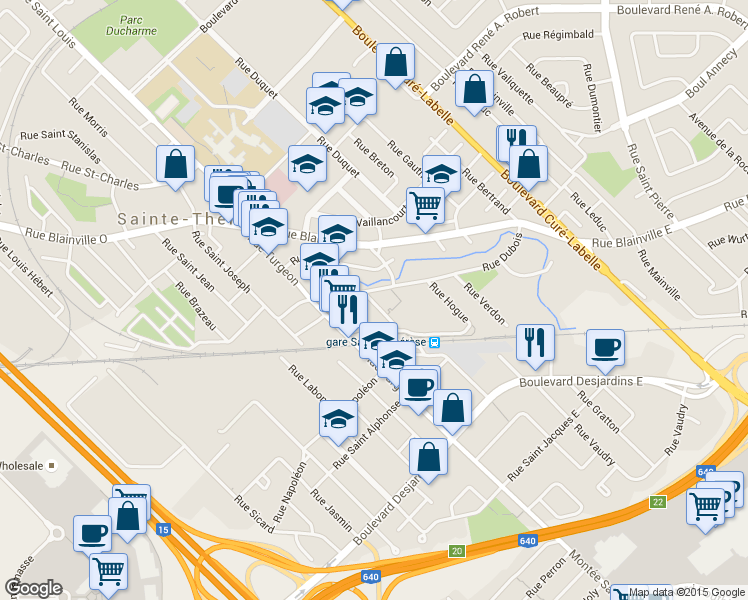 map of restaurants, bars, coffee shops, grocery stores, and more near 1 Rue Lesage in Sainte-Thérèse