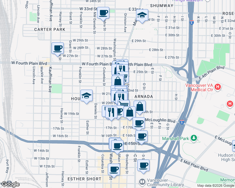 map of restaurants, bars, coffee shops, grocery stores, and more near 135 West 21st Street in Vancouver