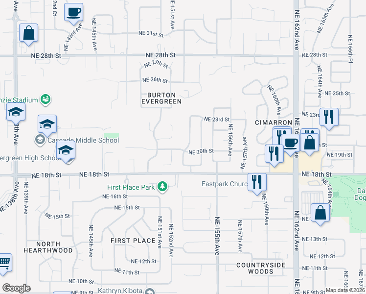 map of restaurants, bars, coffee shops, grocery stores, and more near 2007 Northeast 153rd Avenue in Vancouver