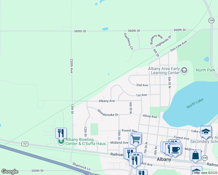 map of restaurants, bars, coffee shops, grocery stores, and more near 609 Augustana Lane in Albany