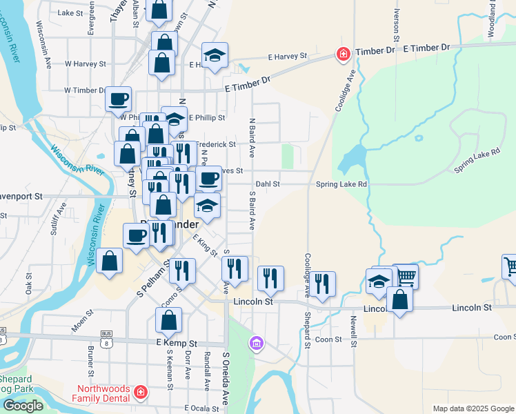 map of restaurants, bars, coffee shops, grocery stores, and more near 21 South Baird Avenue in Rhinelander