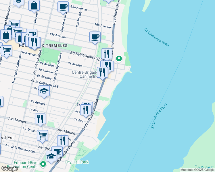 map of restaurants, bars, coffee shops, grocery stores, and more near 11840 Notre-Dame Street East in Montreal