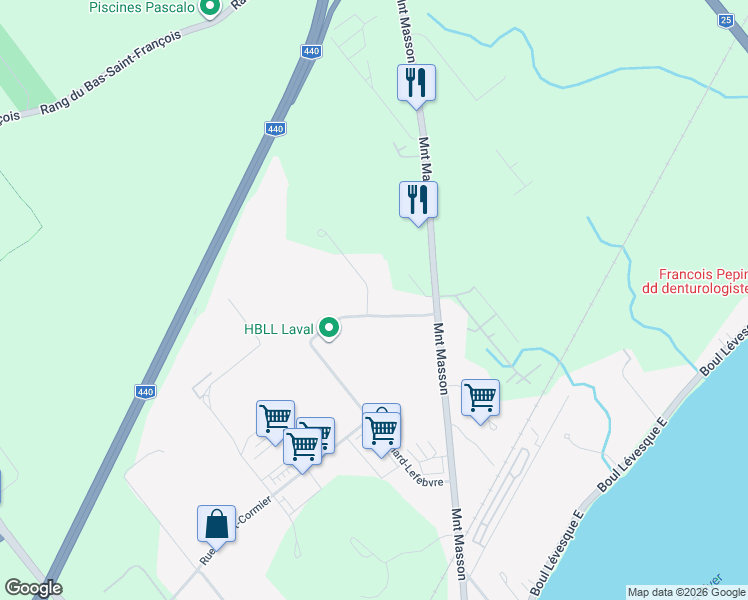 map of restaurants, bars, coffee shops, grocery stores, and more near 5000 Rue Bernard-Lefebvre in Laval