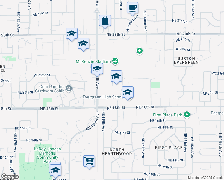 map of restaurants, bars, coffee shops, grocery stores, and more near 13900 Northeast 18th Street in Vancouver
