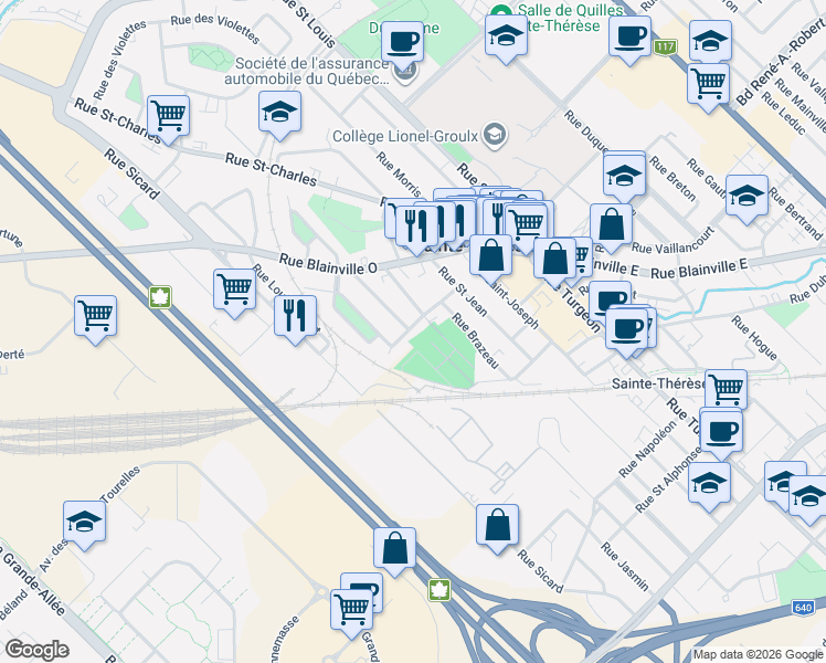 map of restaurants, bars, coffee shops, grocery stores, and more near 36 Rue du Marché in Sainte-Thérèse