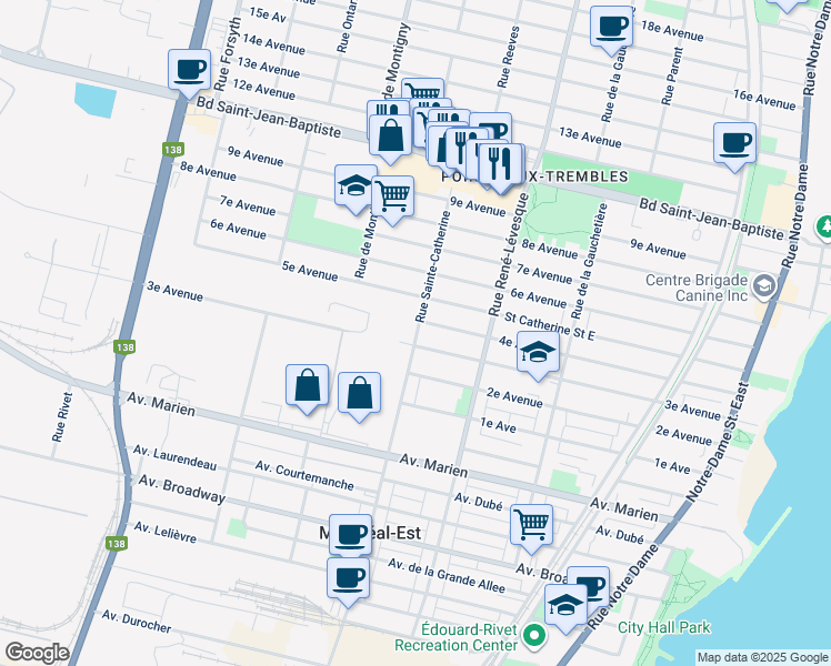 map of restaurants, bars, coffee shops, grocery stores, and more near 11673 Rue Sainte Catherine Est in Montréal
