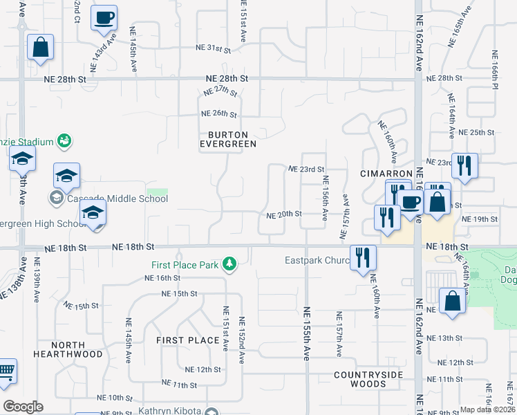 map of restaurants, bars, coffee shops, grocery stores, and more near 2007 Northeast 153rd Avenue in Vancouver