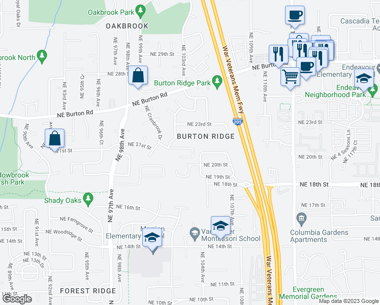 map of restaurants, bars, coffee shops, grocery stores, and more near 10221 Northeast 21st Street in Vancouver