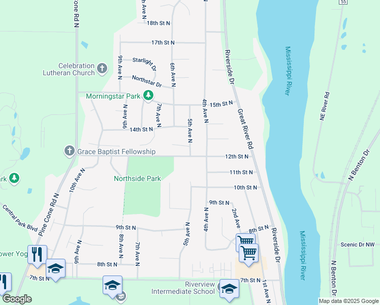 map of restaurants, bars, coffee shops, grocery stores, and more near 1202 5th Avenue North in Sartell