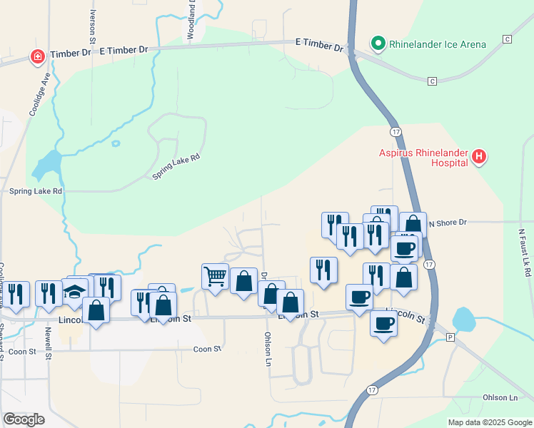 map of restaurants, bars, coffee shops, grocery stores, and more near 3572 Driscoll Road in Rhinelander