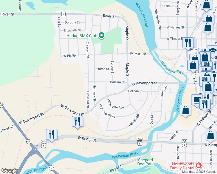 map of restaurants, bars, coffee shops, grocery stores, and more near 34 Sanns Street in Rhinelander