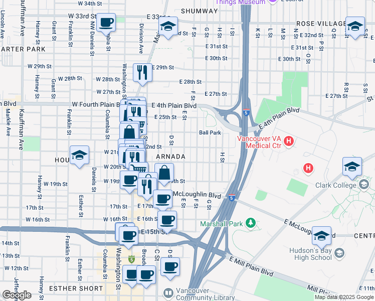 map of restaurants, bars, coffee shops, grocery stores, and more near 501 E 22nd St in Vancouver