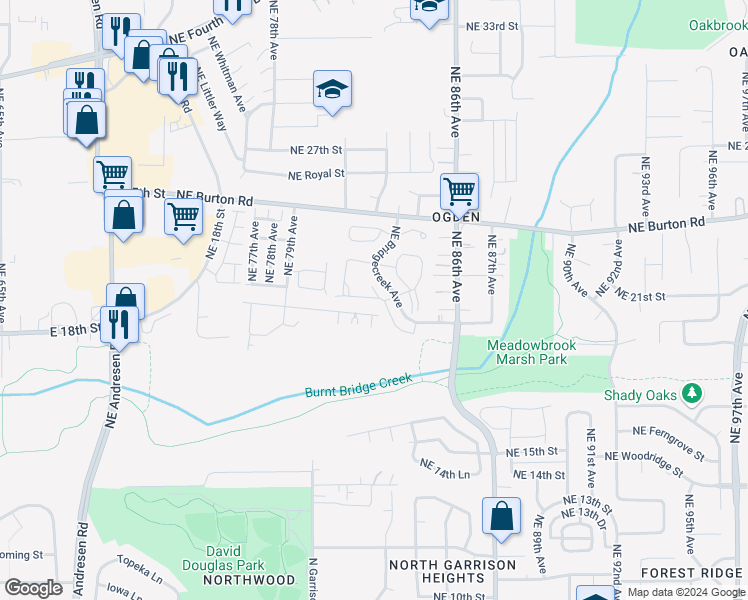 map of restaurants, bars, coffee shops, grocery stores, and more near 2108 Northeast Bridgecreek Avenue in Vancouver