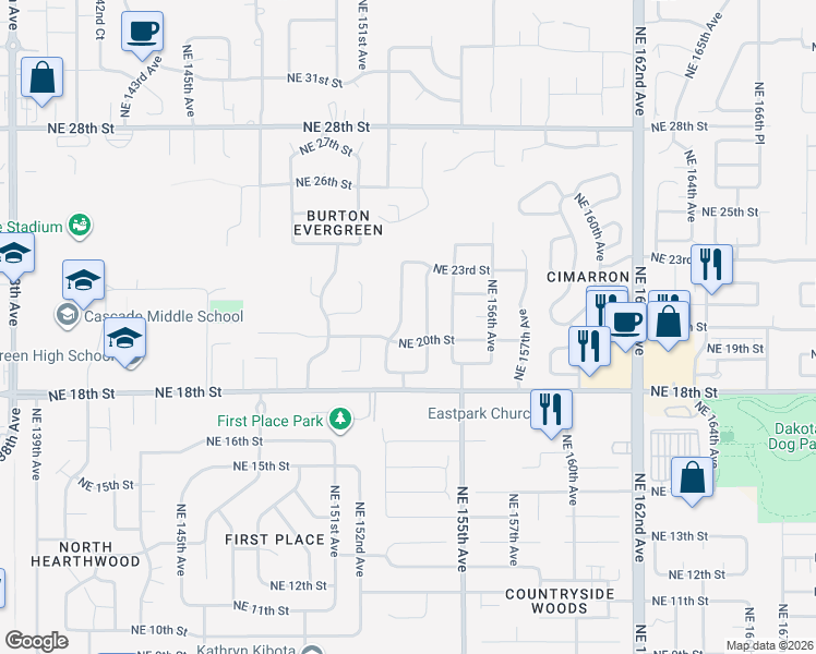 map of restaurants, bars, coffee shops, grocery stores, and more near 2007 Northeast 153rd Avenue in Vancouver