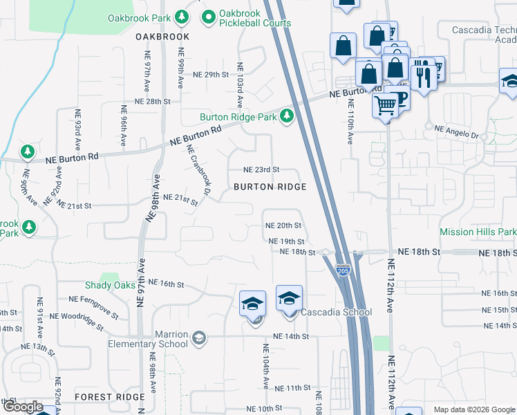 map of restaurants, bars, coffee shops, grocery stores, and more near 10221 Northeast 21st Street in Vancouver