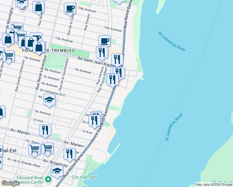 map of restaurants, bars, coffee shops, grocery stores, and more near 11840 Rue Notre-Dame Est in Montréal