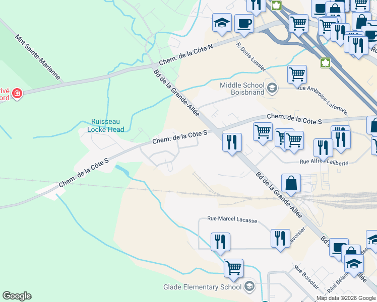map of restaurants, bars, coffee shops, grocery stores, and more near 4526 Rue Blanche Lamontagne in Boisbriand