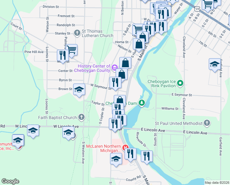 map of restaurants, bars, coffee shops, grocery stores, and more near 559-599 South Huron Street in Cheboygan
