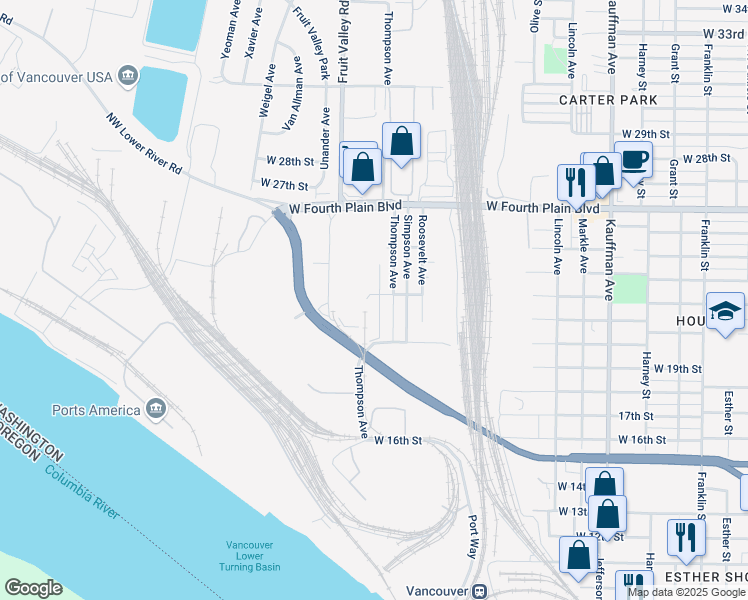 map of restaurants, bars, coffee shops, grocery stores, and more near 2036 Thompson Avenue in Vancouver