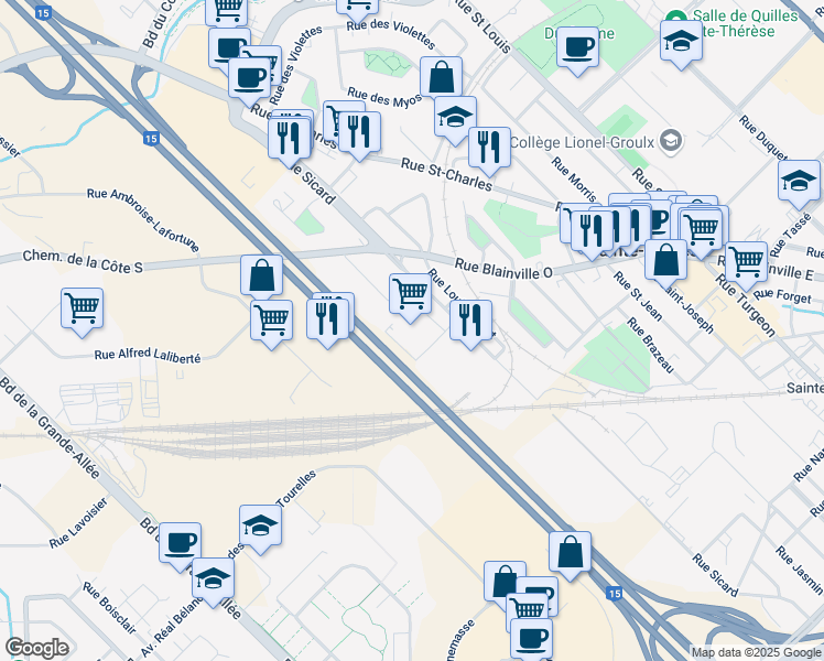 map of restaurants, bars, coffee shops, grocery stores, and more near 20 Rue Sicard in Sainte-Thérèse