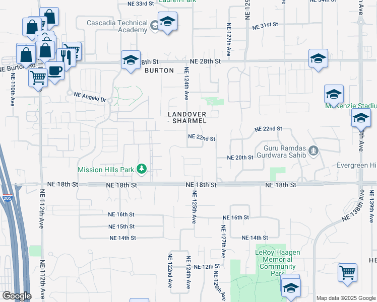 map of restaurants, bars, coffee shops, grocery stores, and more near 12401 NE 21st St in Vancouver