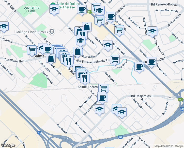 map of restaurants, bars, coffee shops, grocery stores, and more near 55 Rue Dubois in Sainte-Thérèse