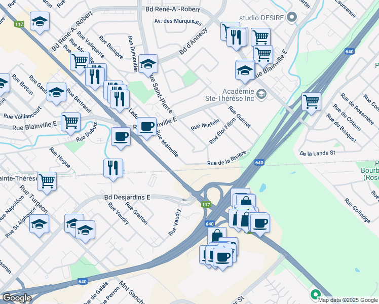 map of restaurants, bars, coffee shops, grocery stores, and more near 9 Rue Cousineau in Sainte-Thérèse