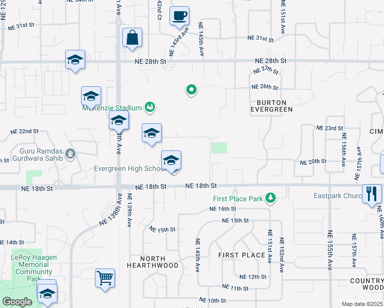 map of restaurants, bars, coffee shops, grocery stores, and more near 14300 Northeast 18th Street in Vancouver
