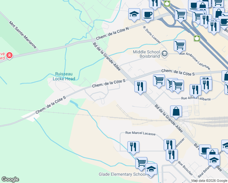 map of restaurants, bars, coffee shops, grocery stores, and more near 4526 Rue Blanche Lamontagne in Boisbriand