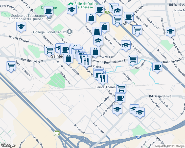 map of restaurants, bars, coffee shops, grocery stores, and more near 71 Rue Turgeon in Sainte-Thérèse